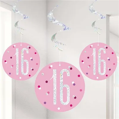 Produktbild von 6 Swirl Girlanden rosa & silber Zahl 16