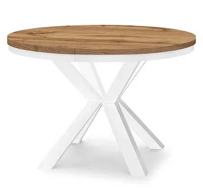A round dining table with a wooden top and a white geometric base.