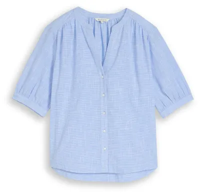 Produktbild von Tom Tailor Bluse aus Baumwolle mit V-Ausschnitt, Knopfleiste und Raffungen an Schultern und Ärmeln, leicht strukturiert