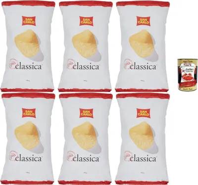 Produktbild von San Carlo Classica Kartoffelchips Familienpack 6 x 300g, extra knusprige italienische Chips mit Salz für Snack, Party & Aperitivo + Italian Gourmet polpa