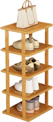 Produktbild von Vertikales Schuhregal mit 5 Ebenen, schmales Schuhregal aus Holz, kleiner Schuhorganizer, platzsparendes Eckschuhregal, hoher Schuhturm, freistehendes Schuhregal für Eingangsbereich und Kleiderschrank, werkzeuglose Montage
