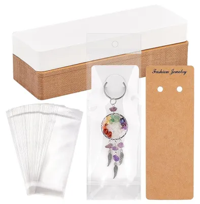 Image de Omgoods - Présentoir pour porte-clés, 100 sets - Cartes de présentation - Sachets auto-scellants - 5,9 x 2 pouces - Présentoir en papier - Pour l'exposition de porte-clés - Cartes de présentation