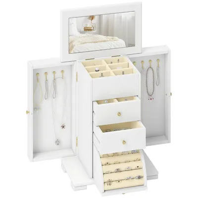 Produktbild von Schmuckkästchen – Vierstöckiges Schmuckkästchen für Damen – Aufbewahrungsbox aus Holz – Für Ringe und Halsketten – 26,5 x 16 x 33,5 cm – Weiß