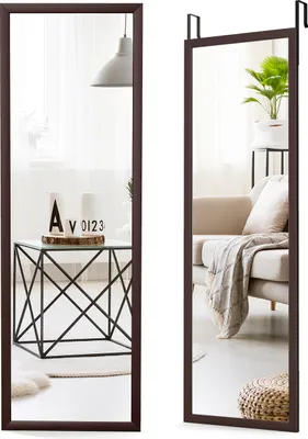 Produktbild von Costway Ganzkörperspiegel, Braun, 107x36,5cm, 2 höhenverstellbare Hängehaken, MDF, Glas, Eisen, hochauflösendes Glas, explosionsgeschützte Membran