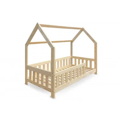 Produktbild von FURNIFY® Peter Pan - Massivholz Kinderbett Hausbett mit Rausfallschutz | 80x160 cm | Natur
