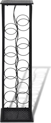 A black metal wine rack with circular holders for 8 bottles, shown against a white background.