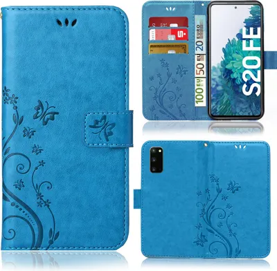 A collage of images showing a blue book-style phone case with a floral and butterfly design, including a view of the inside with card slots and a phone screen displaying "S20 FE".