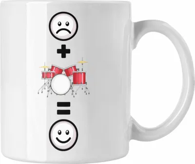 Produktbild von Trendation - Schlagzeug Tasse Geschenk für Schlagzeug-Spieler Liebhaber Lustige Geschenkidee :( + Schlagzeug = :) Geburtstag (Weiß)