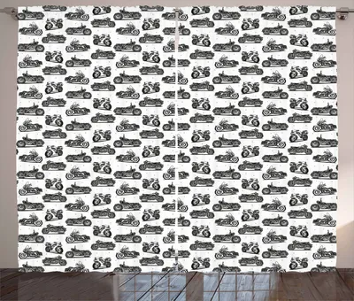Produktbild von ABAKUHAUS Motorrad Rustikaler Gardine, Retro-Stil Zeichnungen, Schlafzimmer Kräuselband Vorhang mit Schlaufen und Haken, 280 x 260 cm, Weiß Schwarz Grau