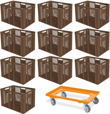 Produktbild von 10 Euroboxen, 600x400x410 mm, lebensmittelecht, braun + 1 Transportroller, orange