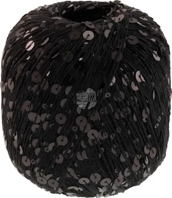 A ball of black yarn with sequins.