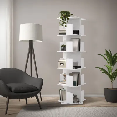 Obrázok produktu pre ML-Design Otočná detská knižnica s 5 policami a 20 priehradkami Biela 40x155x40cm Samostatná otočná knižnica 360° Skladová knižnica do obývačky alebo kancelárie