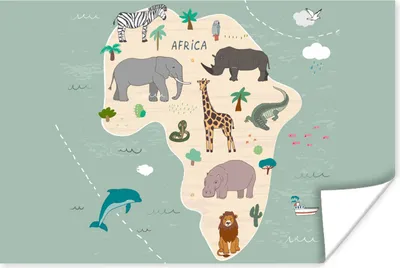 Produktbild von MuchoWow® Poster Weltkarte Kinder - Tiere - Afrika - Jungen - Blau - Kinder 60x40 cm - Schlafzimmerdekoration
