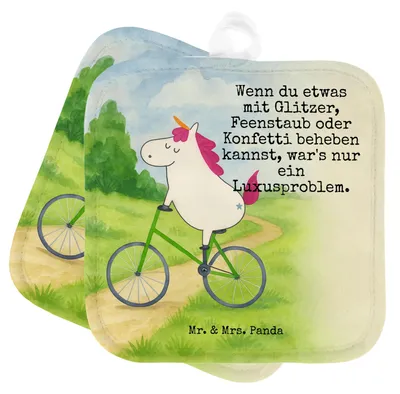 Produktbild von Mr. & Mrs. Panda Topfuntersetzer Einhorn Radfahrer Design - Weiß - Geschenk, Einhörner, Topflappen, Kochlappen, 2er Set, Rad, topfhalter, Bike, Unicorn, Radfahren