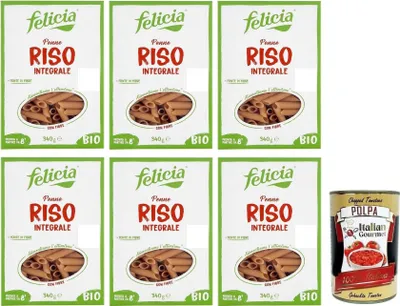 Produktbild von 6x Felicia Penne di Riso Integrale,Pasta mit 100% braunem Reis aus der italienischen Lieferkette,Bio und Natürlich Glutenfrei,Packung mit 340g + Italian Gourmet Polpa di Pomodoro 400g Dose