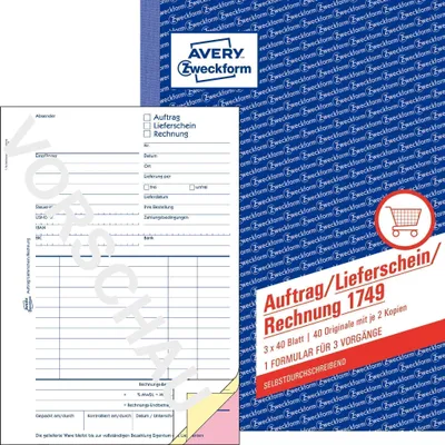 Produktbild von Avery Zweckform 1749, Auftrag/Lieferschein/Rechnung, A5, selbstdurchschreibend, 3x40 Blatt