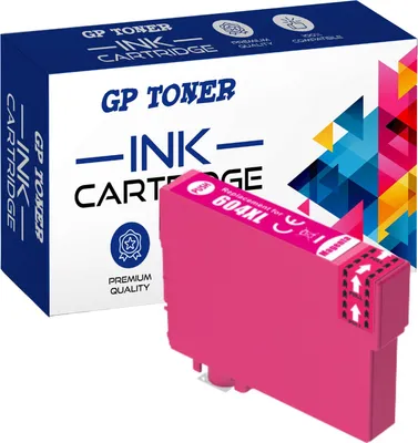 A magenta ink cartridge and its packaging are shown.