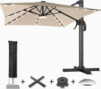 Produktbild von SUN LUIS | Sonnenschirm | Quadratisch | B:T 300 x 300 cm | Taupe | LED | Schwenkfuß & Hülle | Sonnenschirm, Gartenschirm, Ampelschirm, Balkonschirm