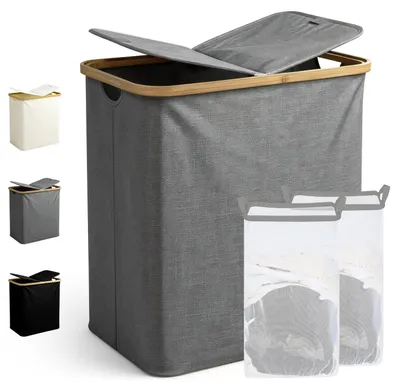 Productafbeelding van Ribelli wasmand, 104 liter, inklapbare wasmand met 2 compartimenten, deksel en handgrepen