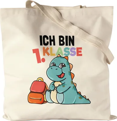 Produktbild von Ich Bin 1. Klasse Jutebeutel Stoffbeutel Canvas  Süßes Dino Motiv T-Rex Schulkind Einschulung Geschenk