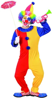 A person in a clown costume holding a small umbrella and a toy trumpet.