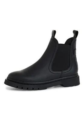 A single black Chelsea boot is shown against a white background.