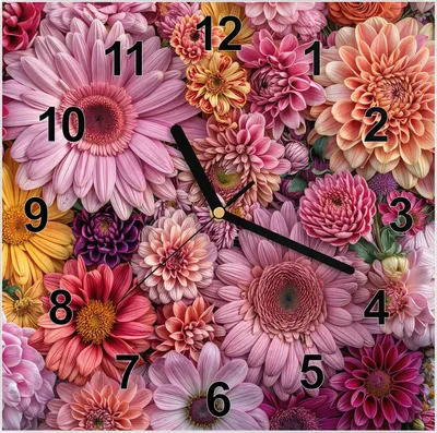 Produktbild von Wanduhr aus Glas mit Motiv Bunte Blumenpracht- 30 x 30 cm - inkl. Aufhängesystem