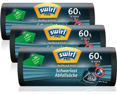 Obrázek produktu pro Odpadkový pytel - 60 litrů - 3 x 12 pytlů - Stahovací šňůra - Těžký odpad