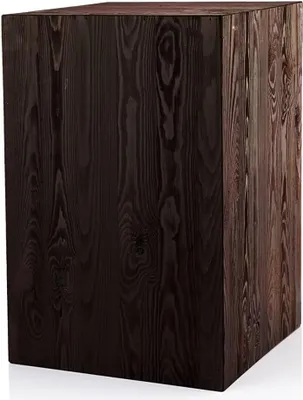 A dark brown wooden cube-shaped stand.