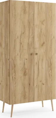 A tall, two-door wardrobe with a wood-grain finish and tapered legs, shown against a white background.