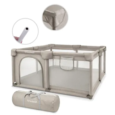 Produktbild von Kidwel FANKO Beige 130x130 cm Baby Laufstall, Laufgitter Baby Krabbelgitter für Kleinkinder mit Atmungsaktivem Netz, Reißverschluss, Tasche, Beige