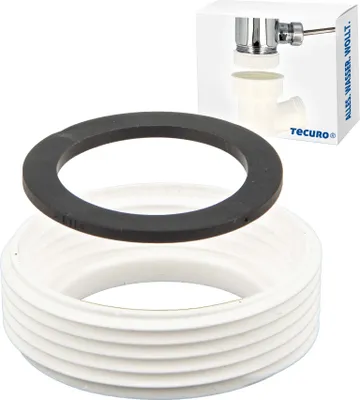 A product shot of a plumbing fitting and a gasket, with packaging in the background.