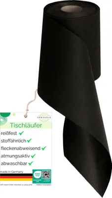 A roll of black table runner with a tag attached.