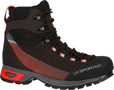 Schwarze Bergschuhe "Trango Trk Gtx" von La Sportiva mit roten Akzenten und Schnürsystem.