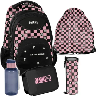 Produktbild von BeUniq Schulrucksack Set 5-teilig kariert für Jugendliche rosa - schwarz