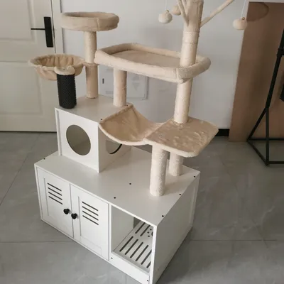 Image de Arbre à chat - Griffoir - Maison de jeu - Meuble pour chat - Tour pour chat - Blanc - Litière dissimulée