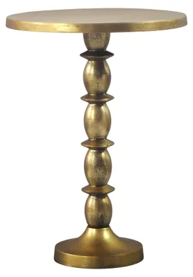 Beistelltisch Gold Aluminium 40 cm mit runder Tischplatte und geschwungenem Ständer in Goldoptik, Gesamtansicht.