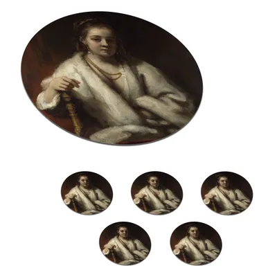 Obrázok produktu pre MuchoWow® Okrúhly sklenený podšálok, sada 6 ks Portrét Hendrickje Stoffelsovej - maľba, Rembrandt van Rijn 10x10x0.3cm Podložky pod poháre - podložky