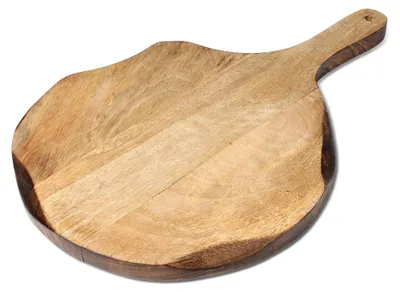 Produktbild von Rundes Schneidebrett aus Mangoholz, Pizzaschieber, Servierbrett, Wurst- und Käsebrett, 40,6 x 27,9 cm