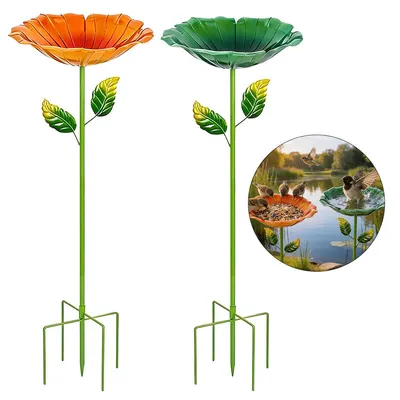 Produktbild von 2-teiliges VogelBad In Blumenform, mit Blumenmotiv, in Orange und Grün, wetterfest, für Garten, Terrasse, Balkon, ideal für Vögel und Insekten