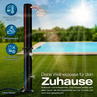 An outdoor shower next to a swimming pool on a sunny day.