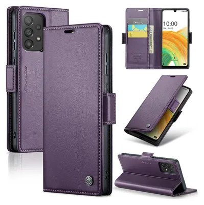 A collage of images showing a purple leather wallet-style phone case for a Samsung Galaxy A33 5G, displaying its features like card slots and stand function.