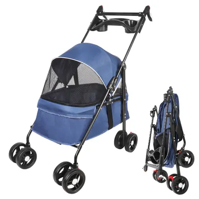 Image de Poussette pour chiens avec fenêtre en maille, pliable avec 2 laisses de sécurité, pour petits chiens et chats, bleu Oxford