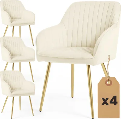 Produktbild von 4er Set Velours Esszimmerstühle mit Ziernähten FLORENCE Creme mit goldenen Beinen