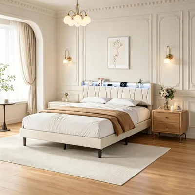 Obrázok produktu pre INONEFT Posteľ s pružinovým matracom, čalúnená posteľ 160x200 s LED osvetlením a nabíjacou stanicou, posteľ s úložným priestorom pod posteľou, posteľ pre mládež, rám postele s latkovým roštom, béžová, ľanová
