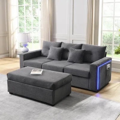 Productafbeelding van Sweiko Moderne LED-bankcombinatie met een comfortabel, "wolkachtig" zitgevoel: 3-zitsbank + extra grote, afneembare voetenbank. Duurzame, modulaire woonkamerinrichting in L-vorm