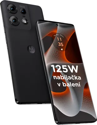 A black Motorola smartphone is shown diagonally, with its screen displaying promotional text and graphics. Another view of the phone's back is visible.