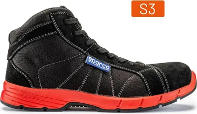 A studio shot of a black and red Sparco safety shoe with an orange S3 label in the top right corner.