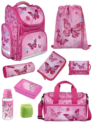 Produktbild von Mädchen Schulranzen 1. Klasse in Rosa mit Butterfly Schmetterlinge Motiv 9 tlg. Schultaschen Set mit Brotdose, Trinkflasche und Sporttasche