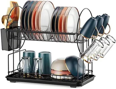 Image de Étagère à couverts Unyqoos® en acier inoxydable, noire, en 2 niveaux – Capacité pour jusqu'à 18 assiettes, avec support pour couverts et tasses, stable et montage sans outil